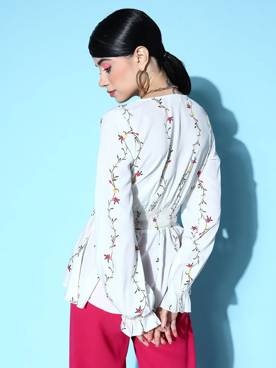 Berrylush Women White & Red Floral Printed V-Neck Long Bell Sleeve Crepe Smocked Regular Peplum Top