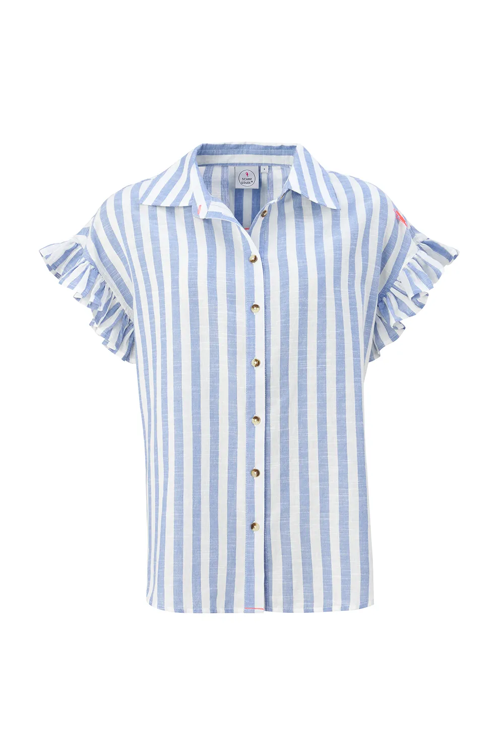 Blue and White Stripe Frill Sleeve Shirt