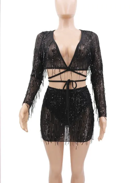 Chic Sequins Bandage Crop Top And High Waist Skirt Set