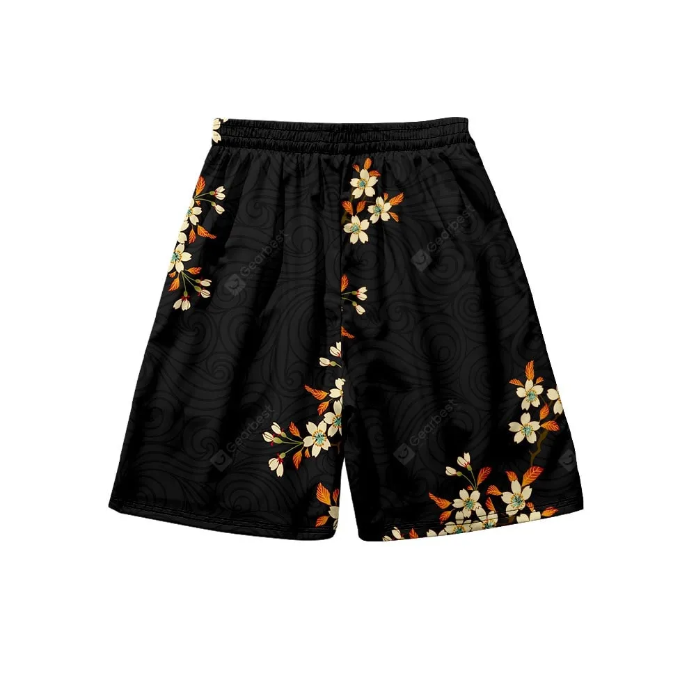 Fashion Casual Men Harajuku Japan Style Beach Shorts with Printing Flower Pattern