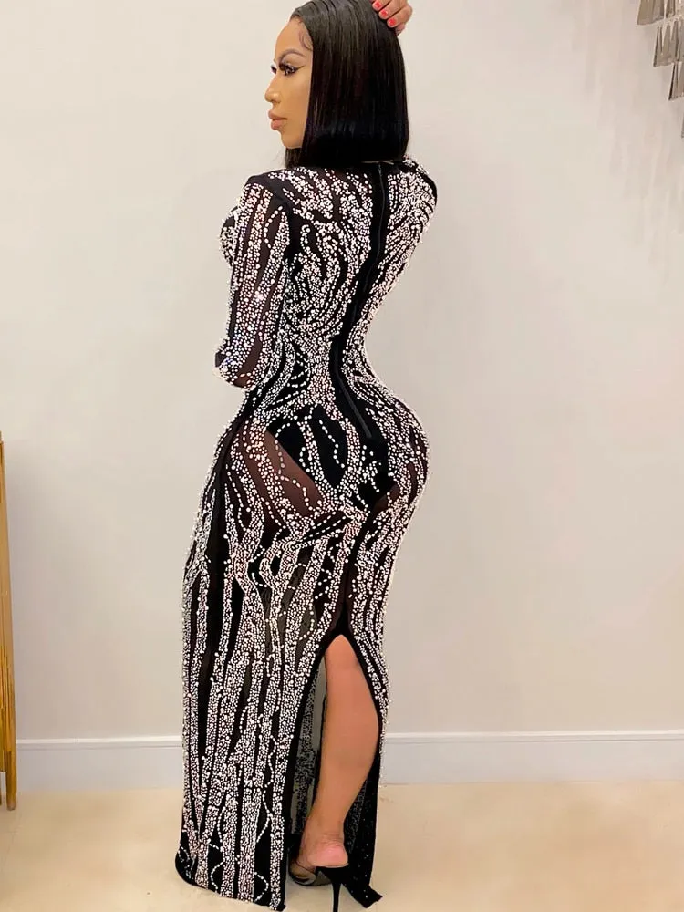 Gorgeous Crystal Gown For Womens Beautiful Deep V Neck Mesh