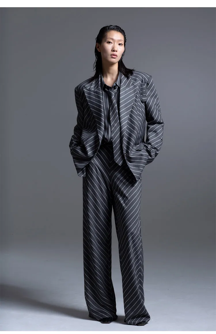 LEDIM W highend oblique stripe gray wide leg pants trousers -pieo