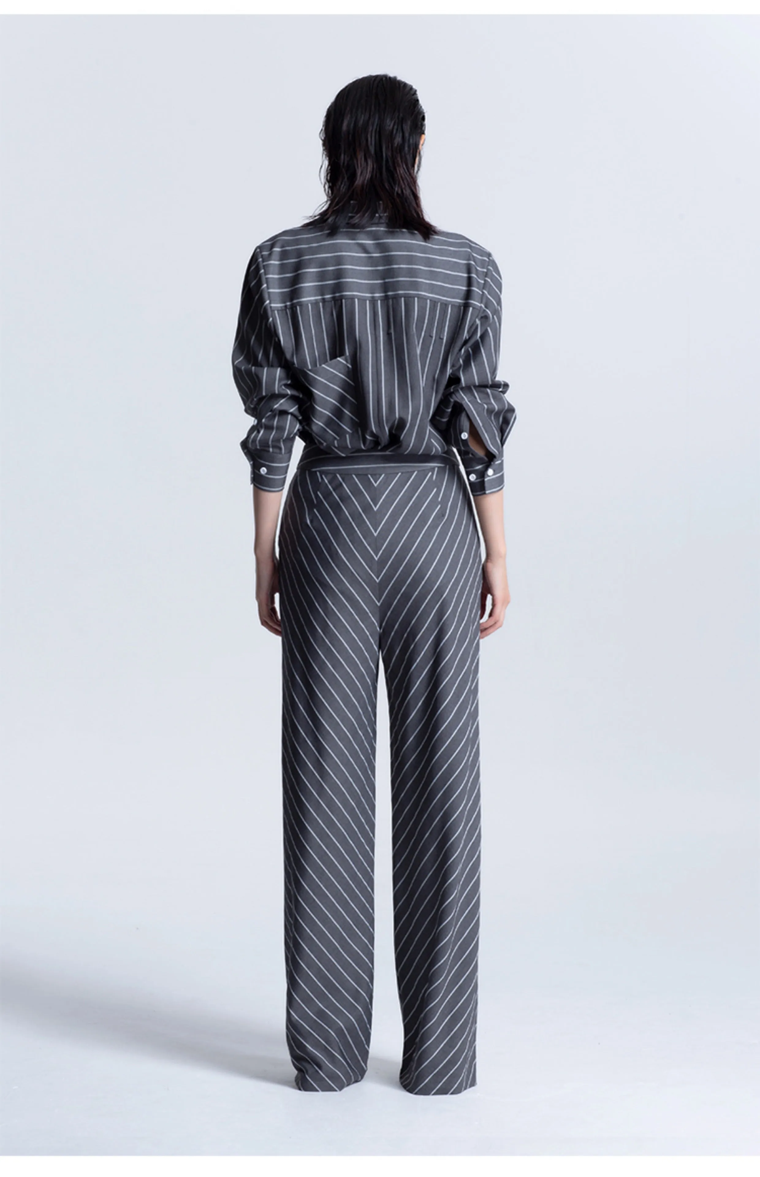 LEDIM W highend oblique stripe gray wide leg pants trousers -pieo