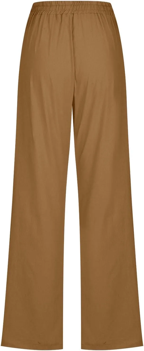 Lmdudan Cotton Linen Pants Women Plus Size Wide Leg Sweatpants Summer Drawstrings Elastic Waist Casual Trousers with Pockets
