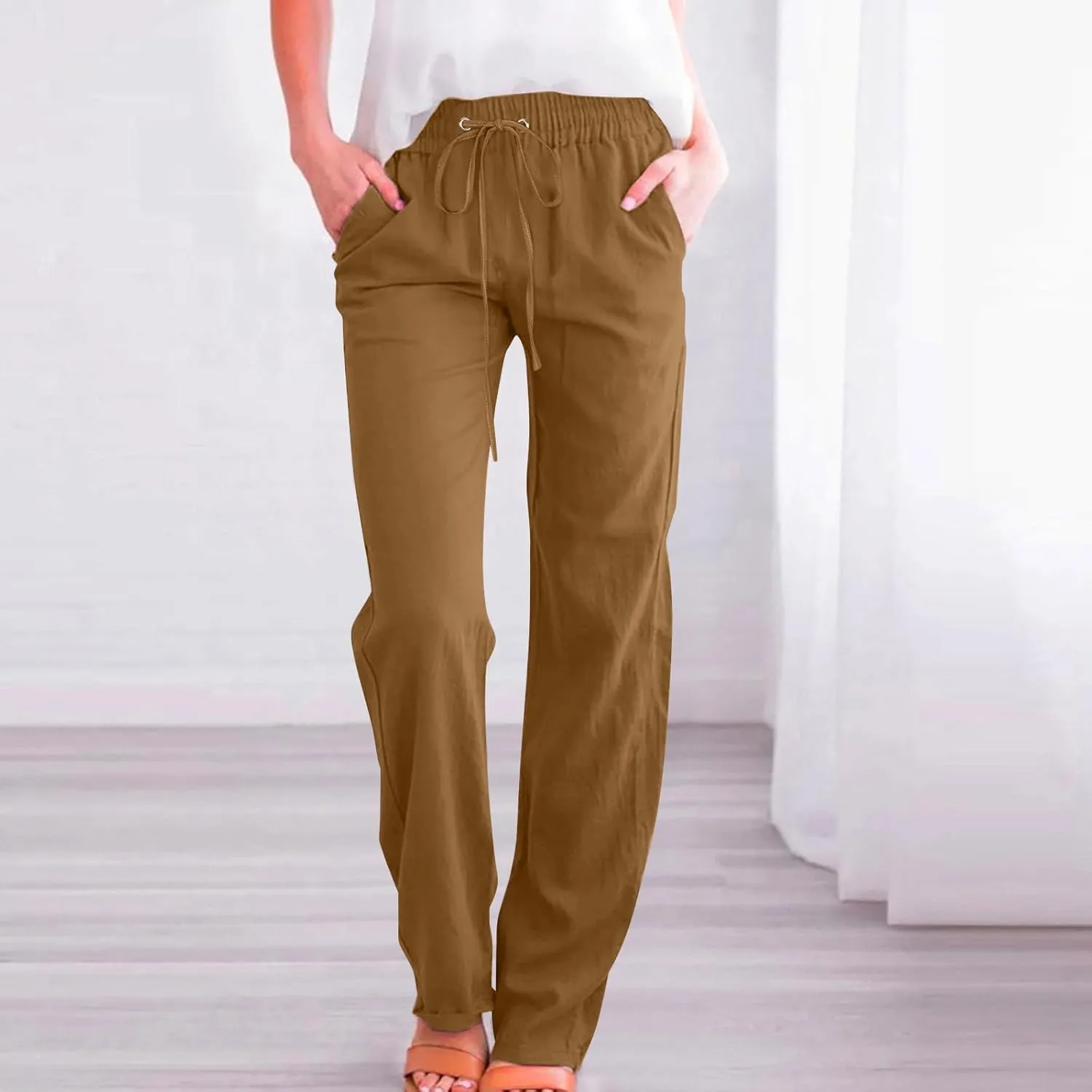Lmdudan Cotton Linen Pants Women Plus Size Wide Leg Sweatpants Summer Drawstrings Elastic Waist Casual Trousers with Pockets