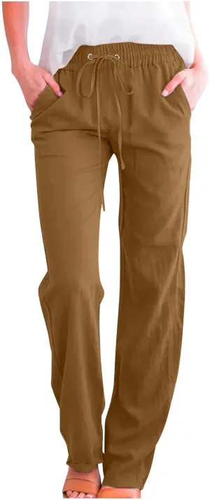 Lmdudan Cotton Linen Pants Women Plus Size Wide Leg Sweatpants Summer Drawstrings Elastic Waist Casual Trousers with Pockets