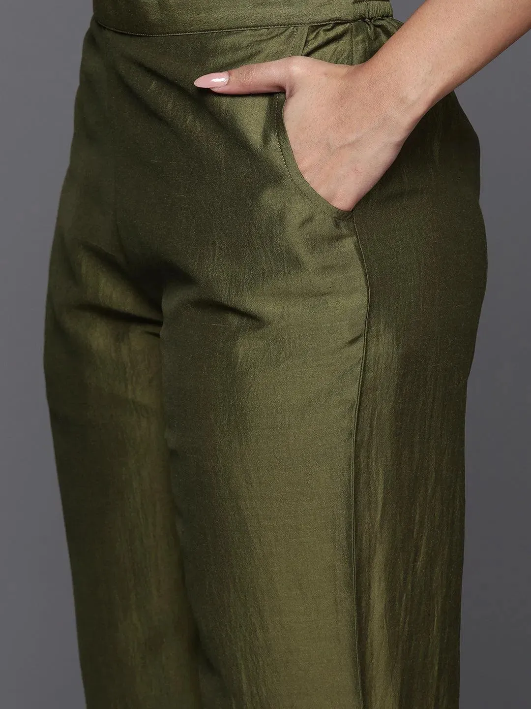 Olive Yoke Design Silk Blend Straight Suit With Dupatta