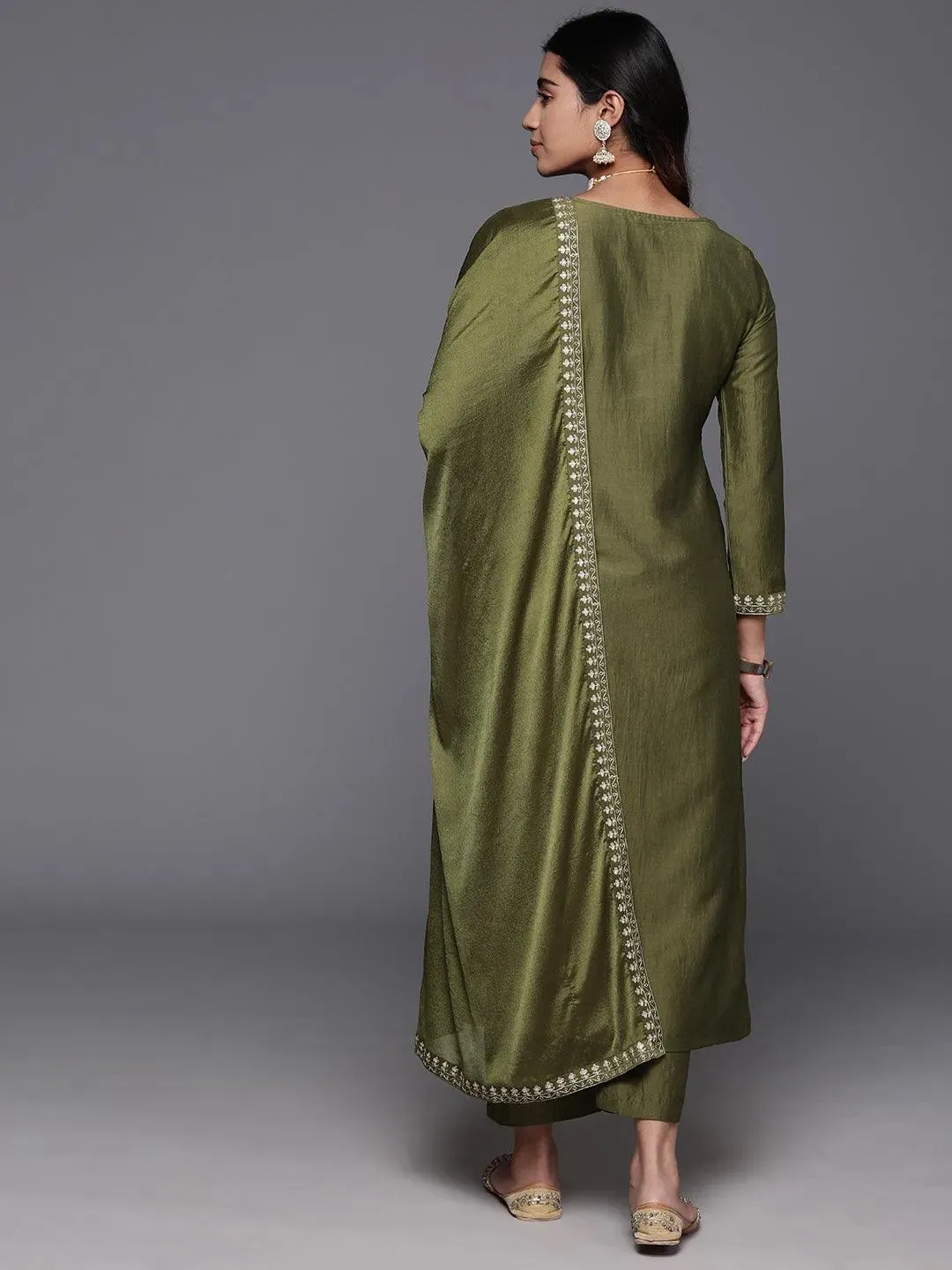 Olive Yoke Design Silk Blend Straight Suit With Dupatta