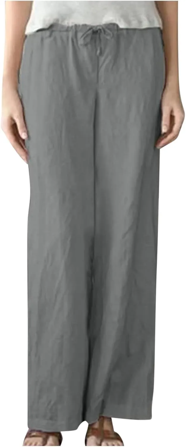 Wide Leg Pants Women Plus Size Cotton Linen Trousers Dressy Casual Drawstring High Waist Straight Pants Summer Pants