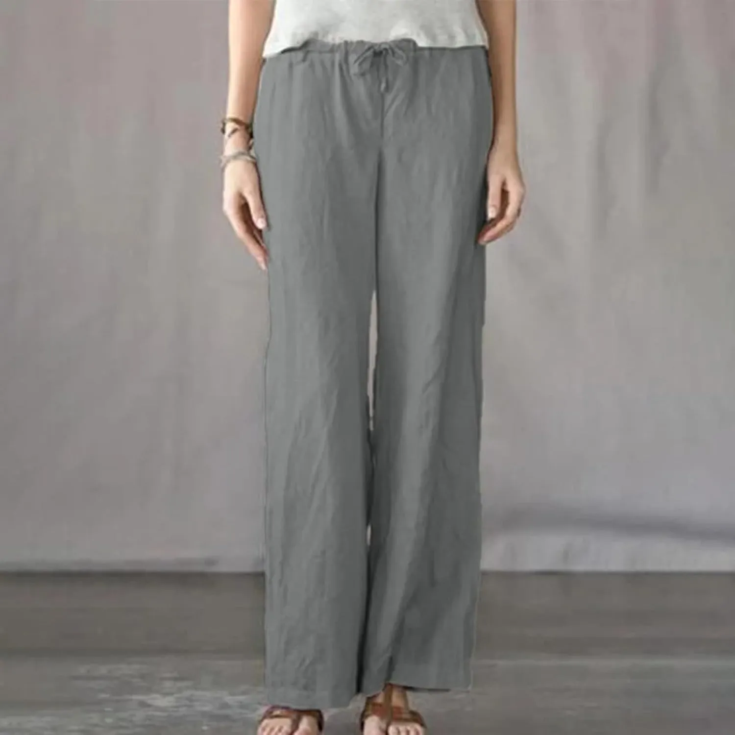 Wide Leg Pants Women Plus Size Cotton Linen Trousers Dressy Casual Drawstring High Waist Straight Pants Summer Pants