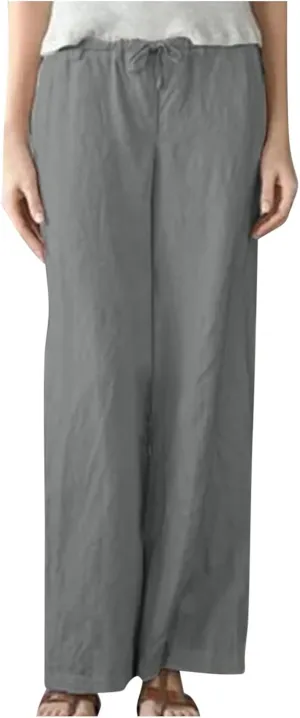 Wide Leg Pants Women Plus Size Cotton Linen Trousers Dressy Casual Drawstring High Waist Straight Pants Summer Pants
