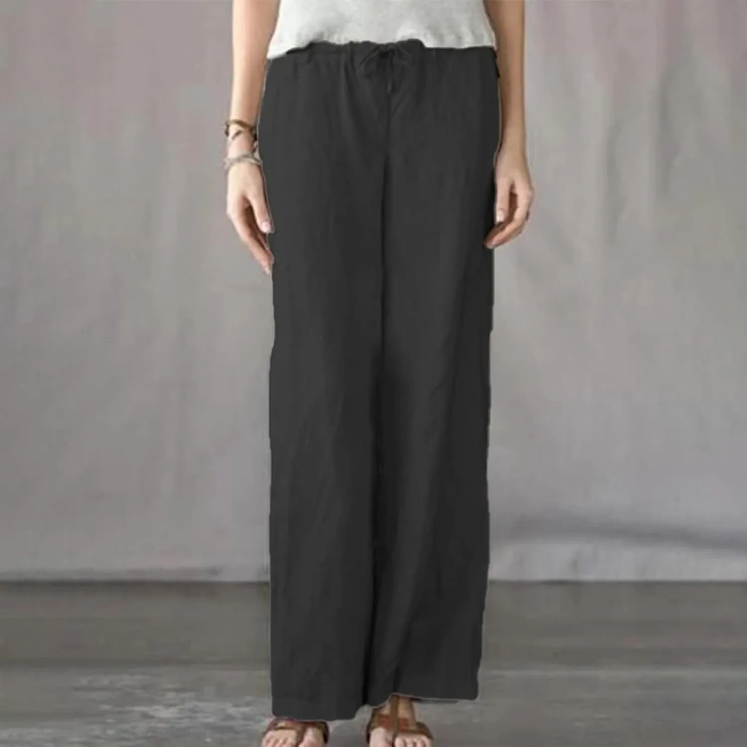 Wide Leg Pants Women Plus Size Cotton Linen Trousers Dressy Casual Drawstring High Waist Straight Pants Summer Pants