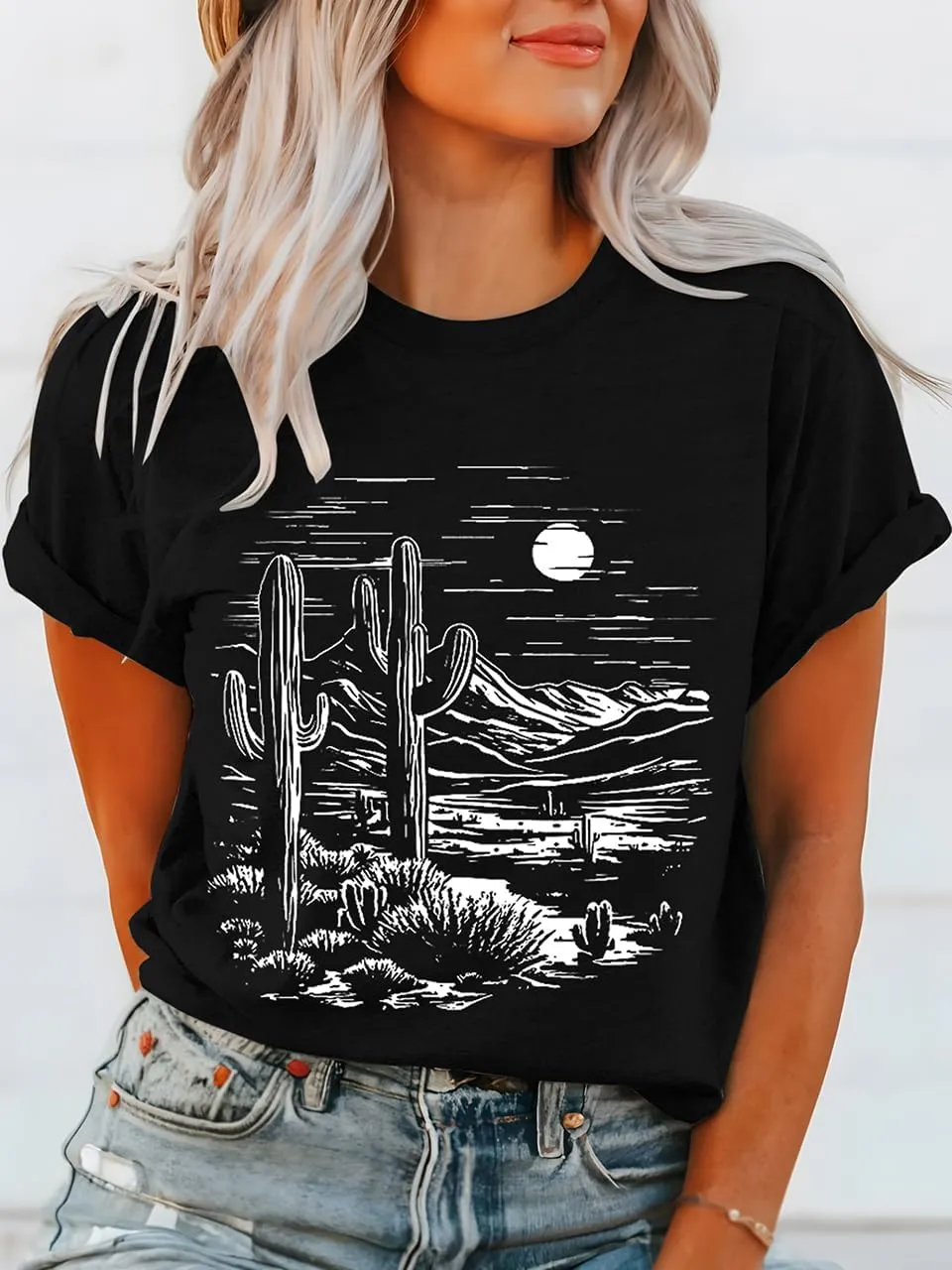 Women Vintage T Shirt Short Sleeve Summer Cactus Tshirt Funny Graphic Tees