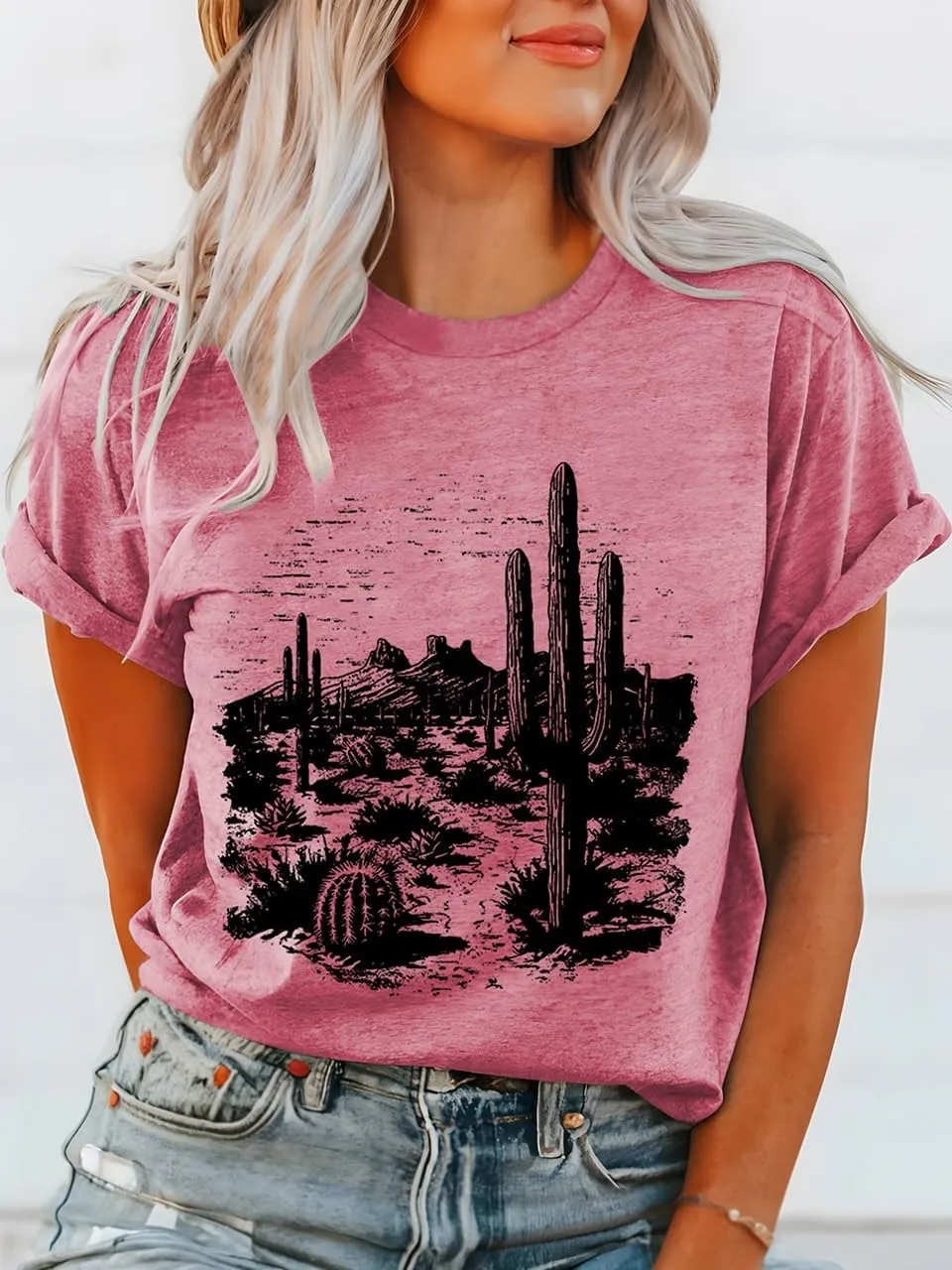 Women Vintage T Shirt Short Sleeve Summer Cactus Tshirt Funny Graphic Tees