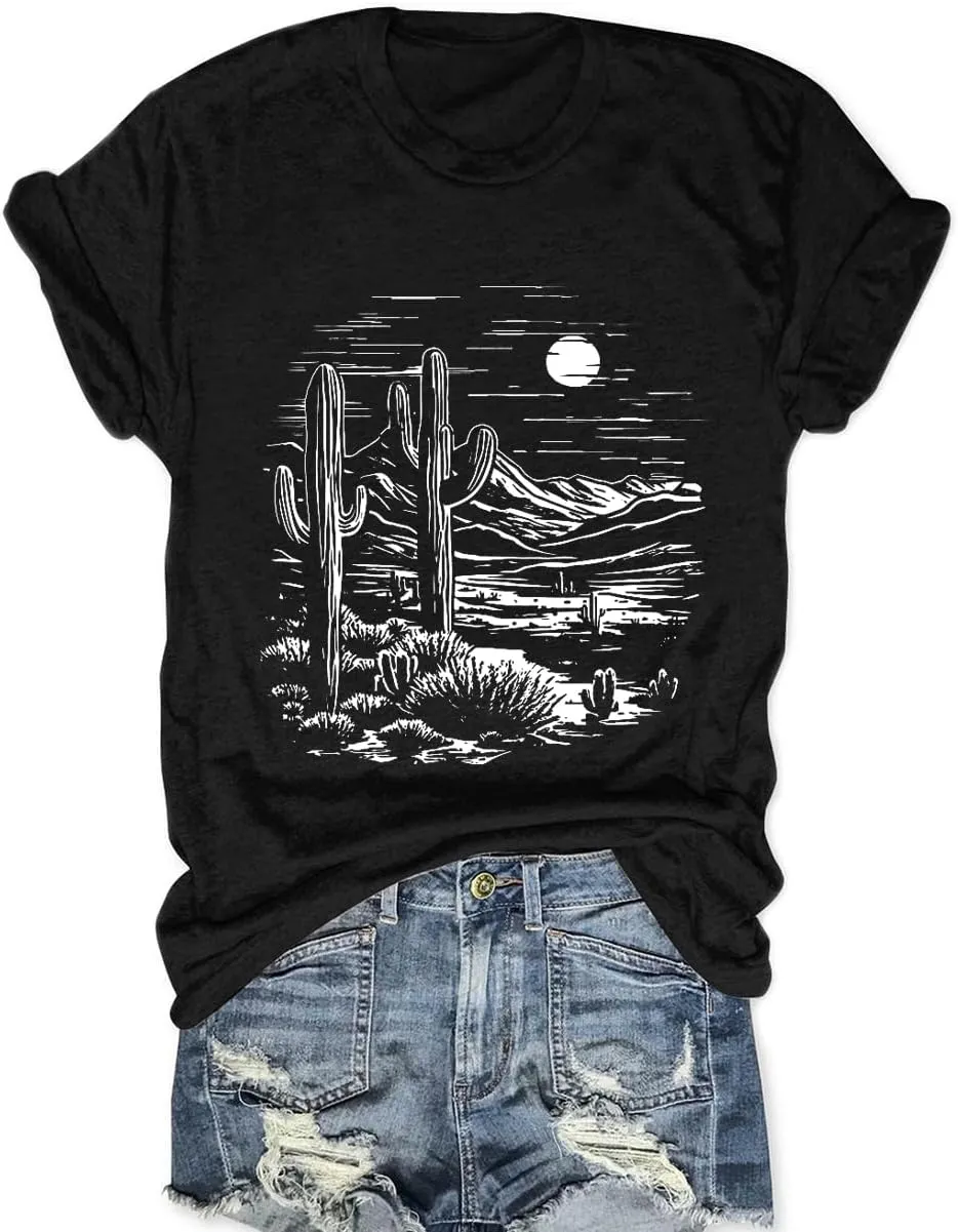 Women Vintage T Shirt Short Sleeve Summer Cactus Tshirt Funny Graphic Tees