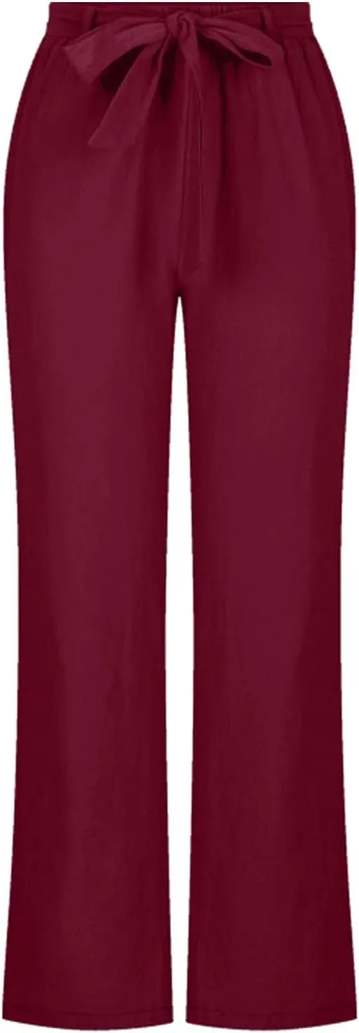 Womens Casual Loose Pants Comfy High Waist Cropped Work Pants with Pockets Elastic High Waist Paper Bag Pants Trousers