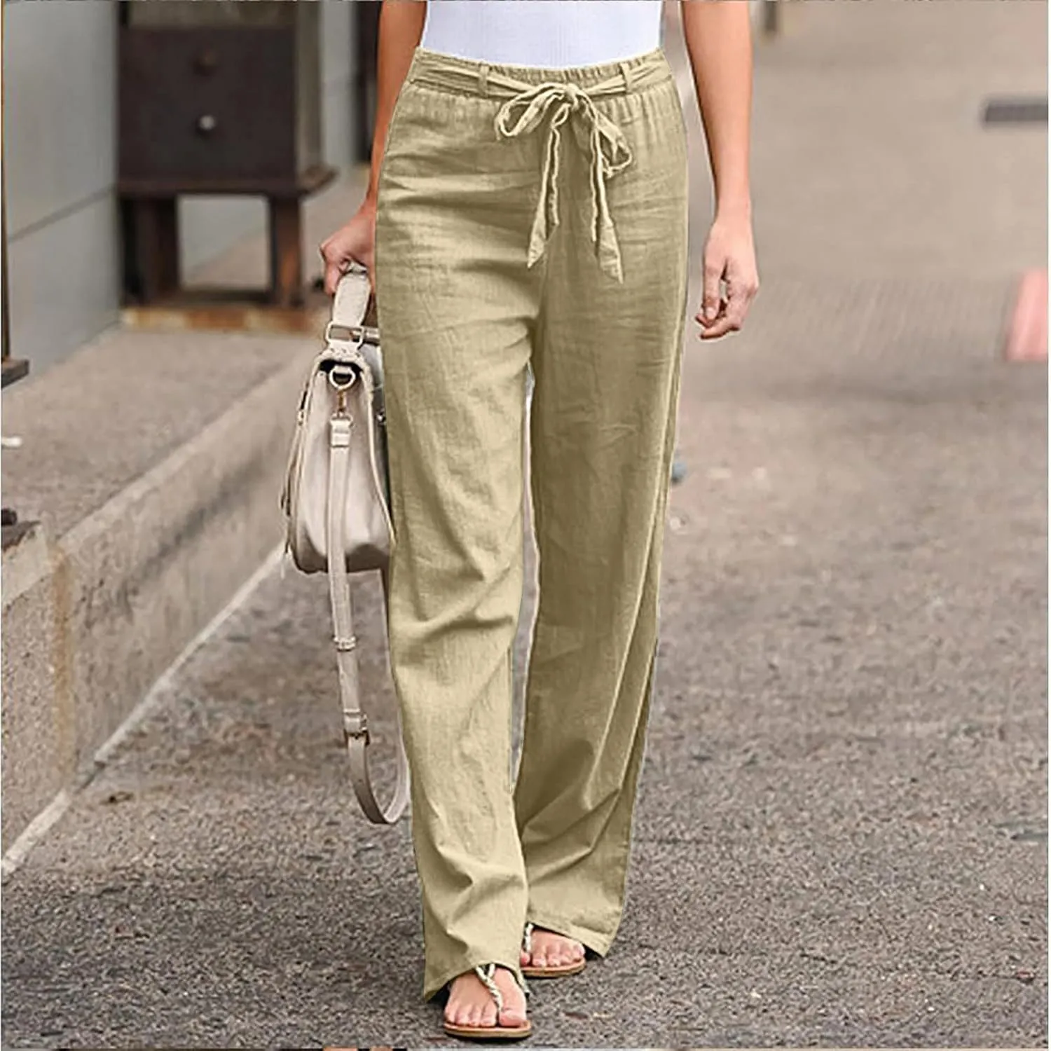 Womens Casual Loose Pants Comfy High Waist Cropped Work Pants with Pockets Elastic High Waist Paper Bag Pants Trousers