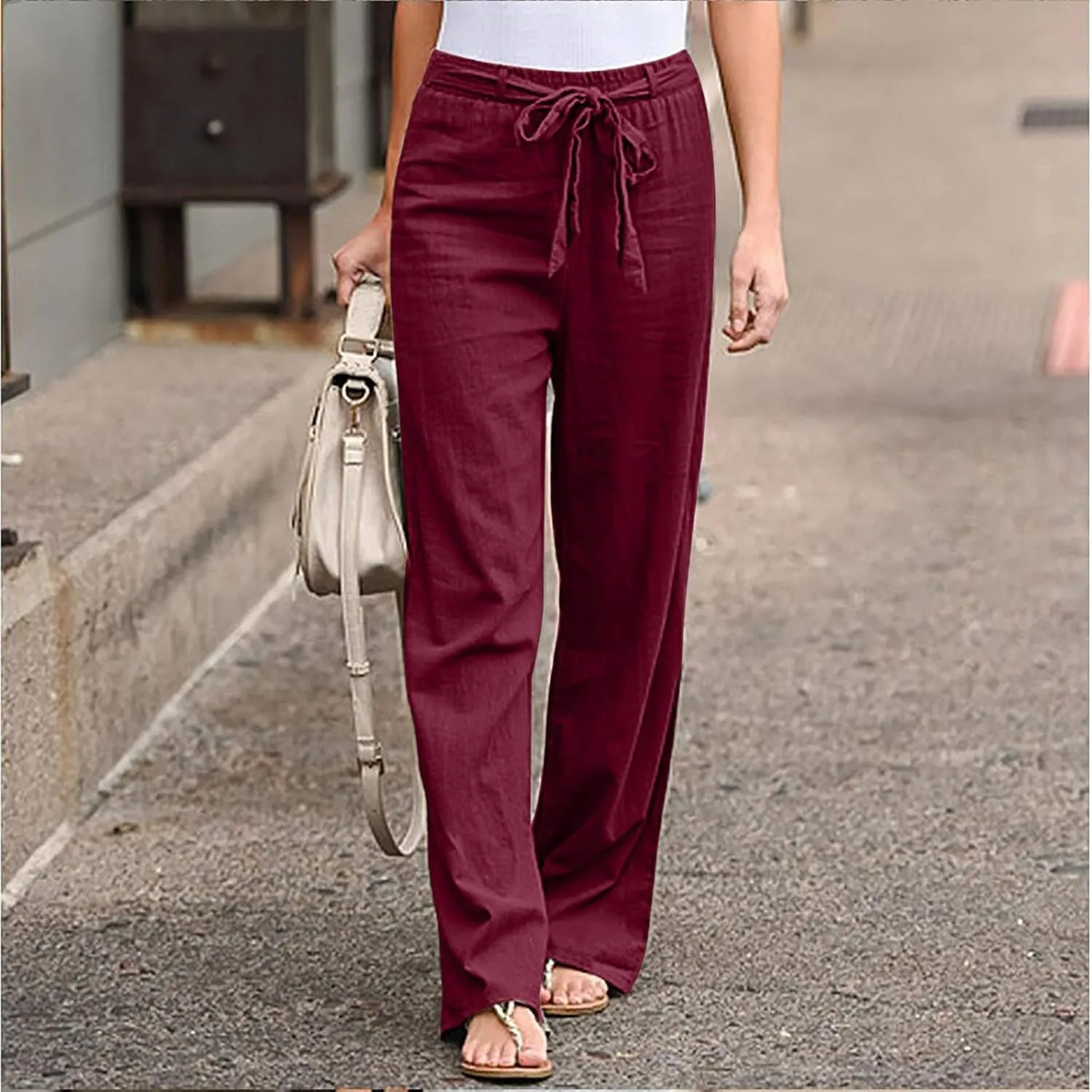 Womens Casual Loose Pants Comfy High Waist Cropped Work Pants with Pockets Elastic High Waist Paper Bag Pants Trousers
