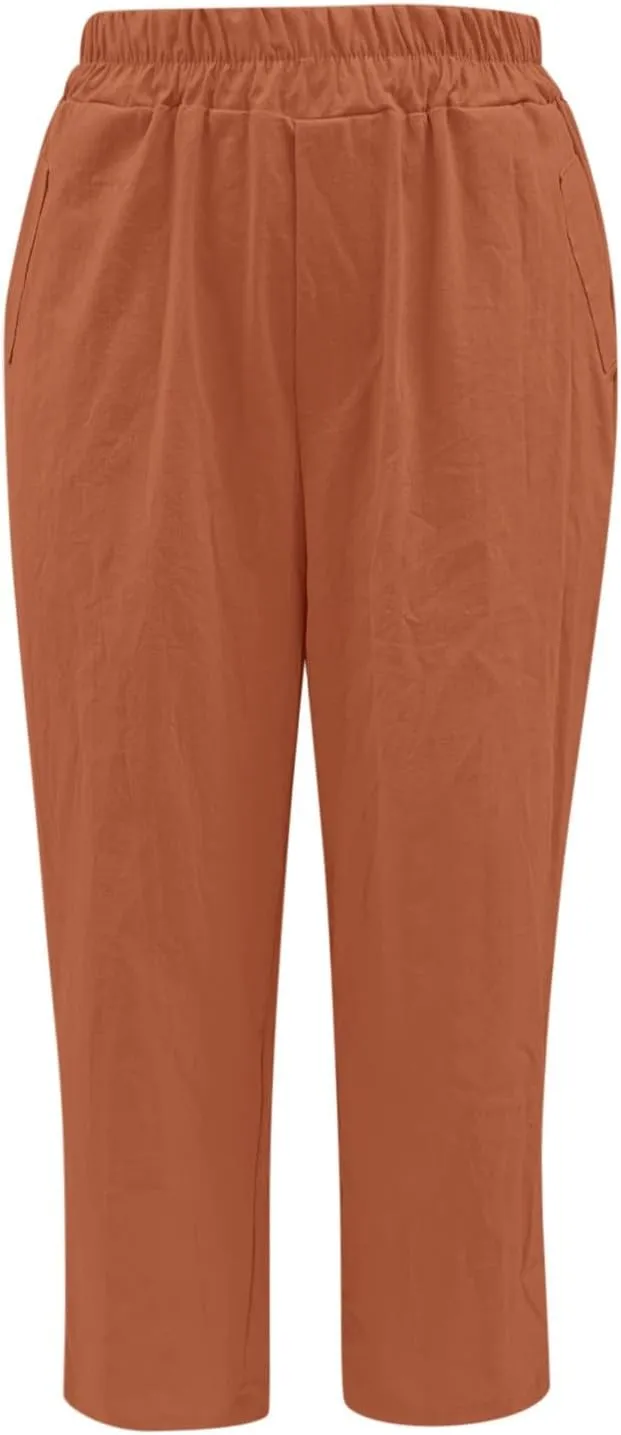 Womens Linen Pants Casual Summer Loose Beach Solid Color Plus Size High Waist Linen Pants Soft Ankle Trousers with Pockets