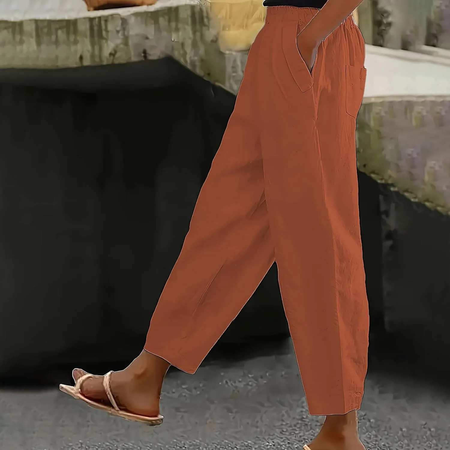 Womens Linen Pants Casual Summer Loose Beach Solid Color Plus Size High Waist Linen Pants Soft Ankle Trousers with Pockets