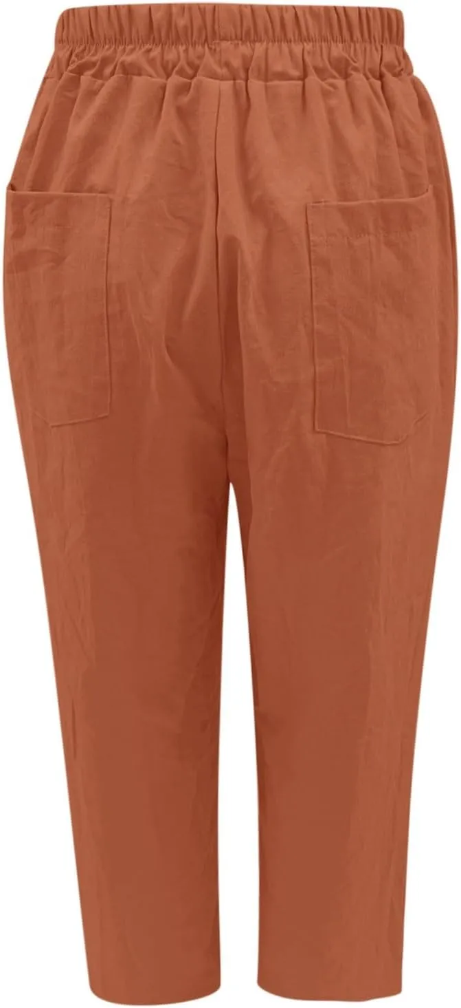 Womens Linen Pants Casual Summer Loose Beach Solid Color Plus Size High Waist Linen Pants Soft Ankle Trousers with Pockets