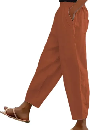 Womens Linen Pants Casual Summer Loose Beach Solid Color Plus Size High Waist Linen Pants Soft Ankle Trousers with Pockets